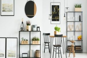 Bright dining room with modern posters, metal racks and decorations